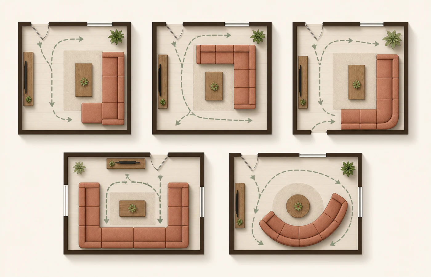 Top-down comparison of reversible chaise, modular L, fixed L, U-shaped and curved sectional layouts with circulation arrows
