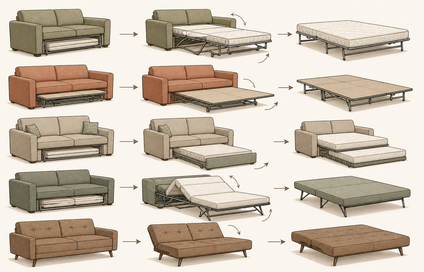 Editorial cutaway comparison of a separate-mattress pull-out, platform pull-out, pop-up trundle, fold-out foam and click-clack sofa bed