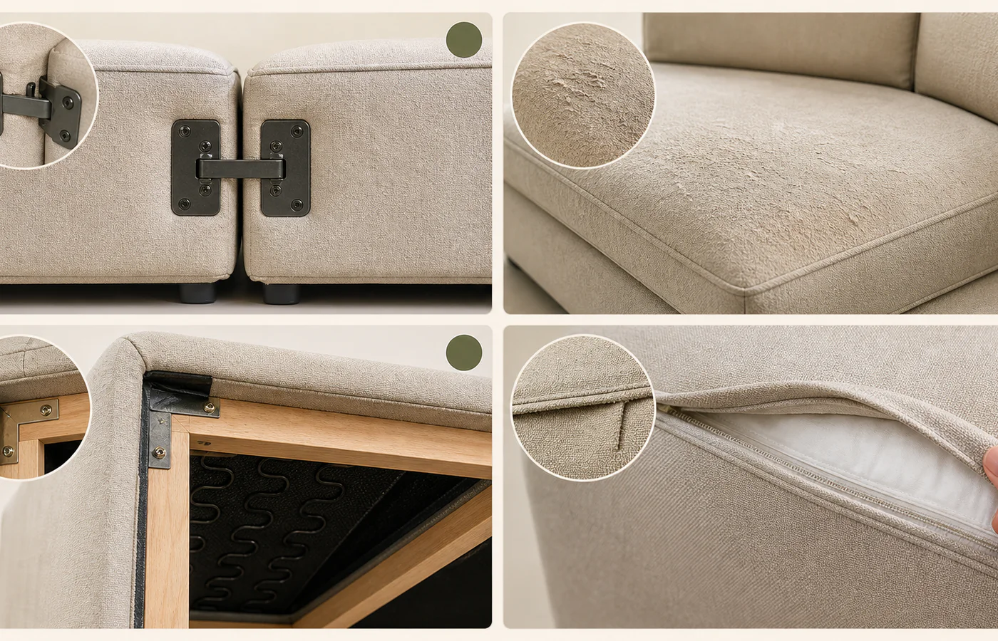 Close views of a modular sofa connector, cushion wear, underside frame joint and removable upholstery seam