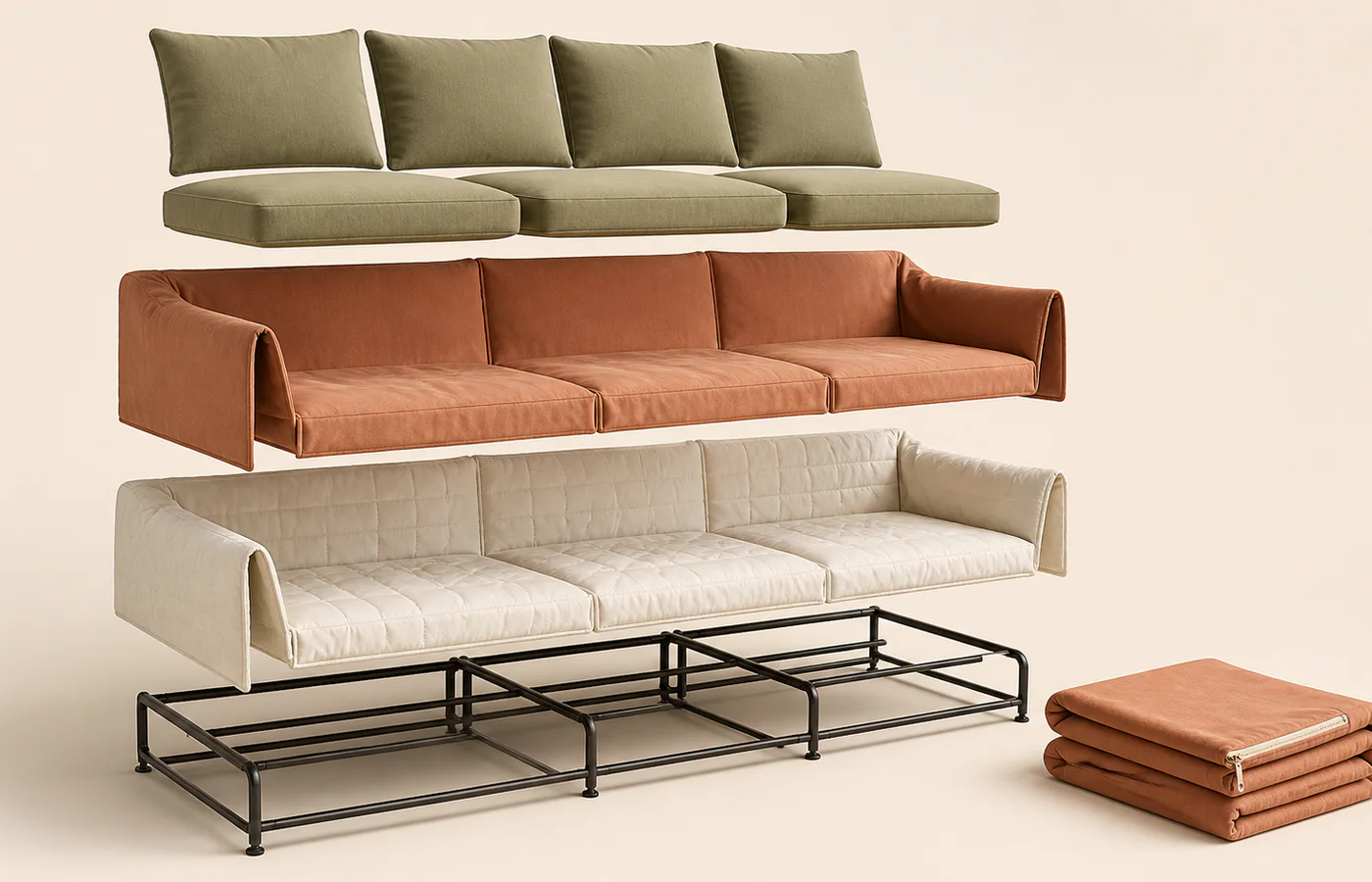 An exploded washable modular sofa showing cushions, removable covers, quilted layers and metal frame