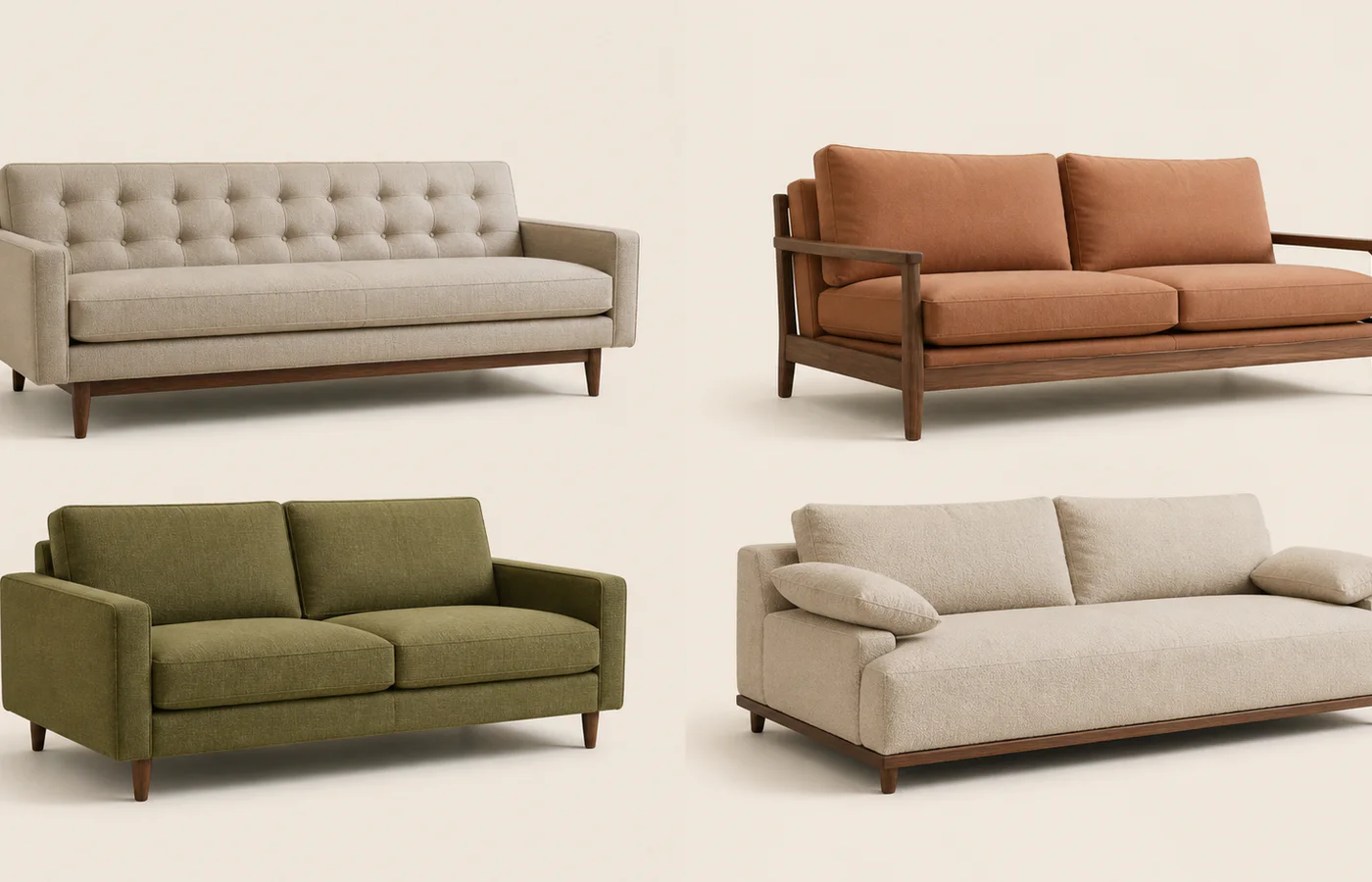 Four original sofa silhouettes comparing tufted, timber-frame, compact and deep-lounge designs