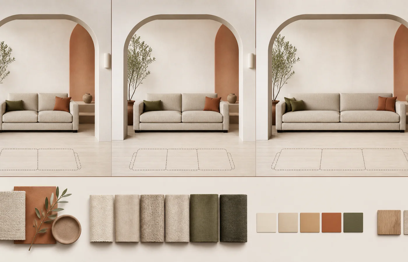 Three sofa widths shown between the same architectural openings with floor-template and fabric-swatch cues