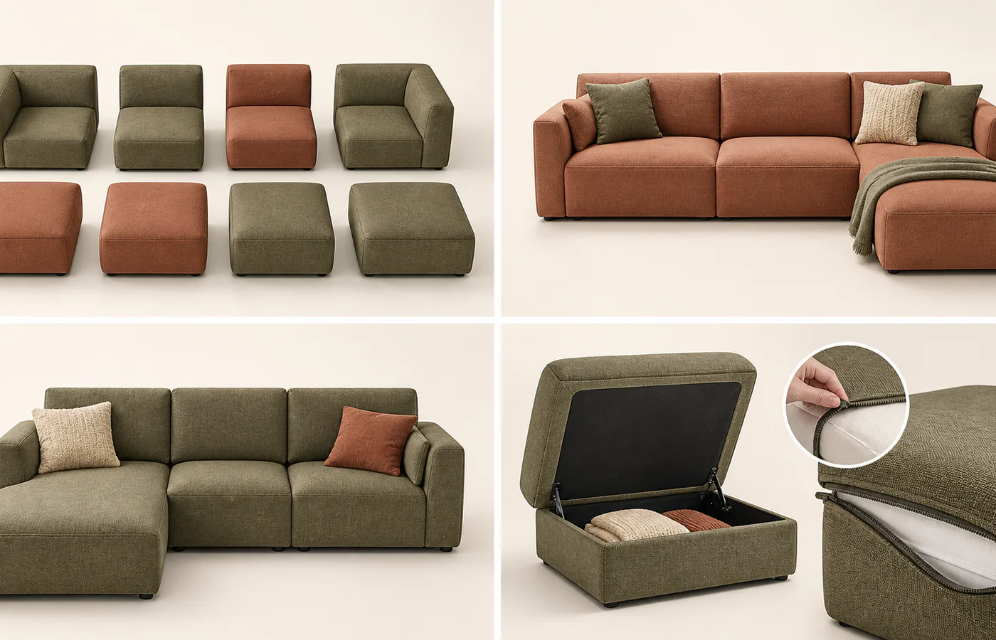 Generic modular sofa components shown as multiple seating layouts with storage and removable-cover details
