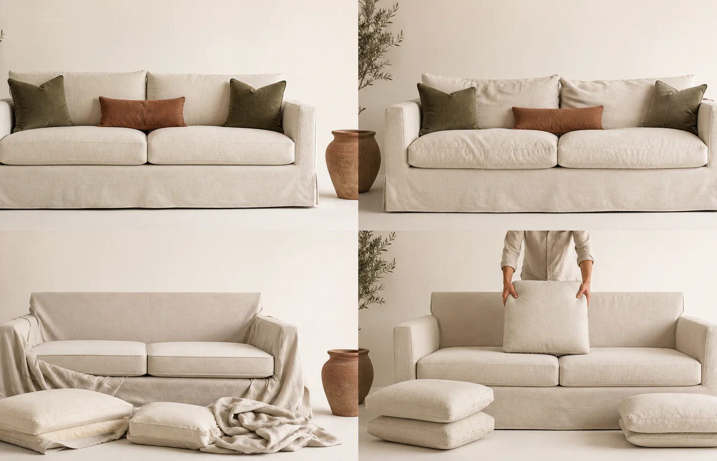 A slipcovered sofa shown freshly arranged, naturally relaxed, with covers removed and cushions rotated